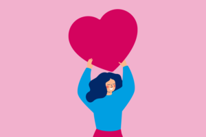 Illustration of a woman holding a pink heart above her head