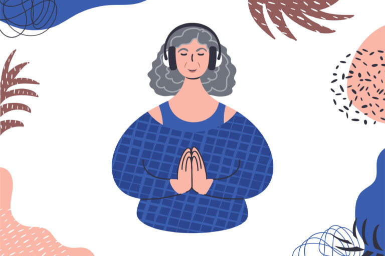 illustration of older woman wearing headphones