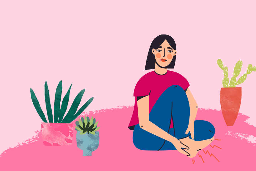 illustration, punk background, woman sitting on the floor with pot plants around her, holding onto a tingling foot
