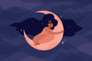 Illustration of a dark haired, medium dark skinned sitting on a pink crescent moon, hugging it. The woman and moon are suspended in the dark sky.